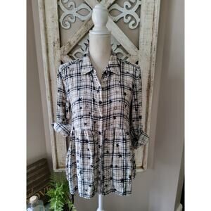 Style & Co Petite Medium Babydoll Plaid Star Tunic Shirt Rayon Roll Tab Sleeve